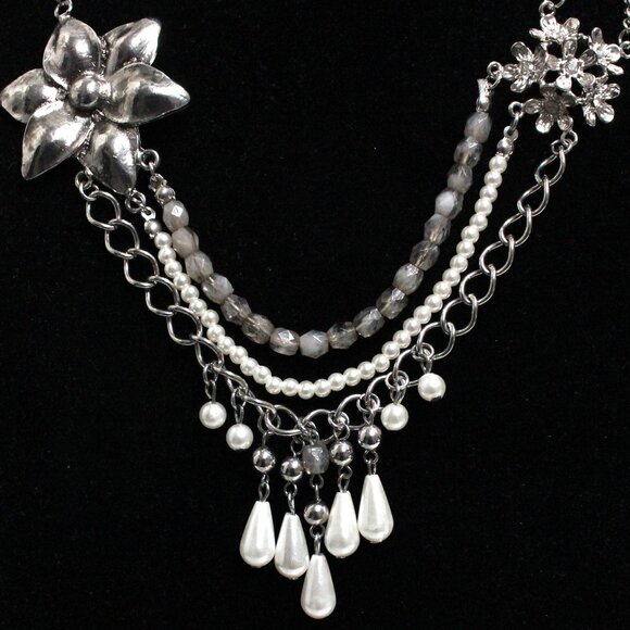 Silvertone 21 Inch Imitation Pearl Rhinestone Smoky Bead Multi Strand Necklace - Picture 5 of 12